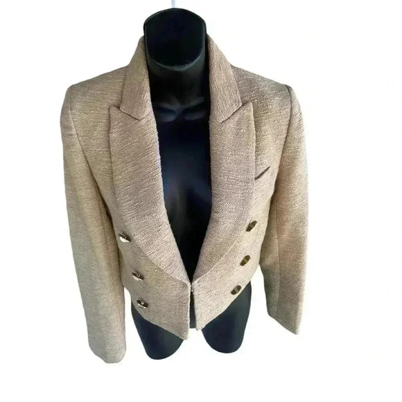 House of Harlow 1960 tweed blazer women’s tan gold buttons sz XS used like new - Picture 5 of 11